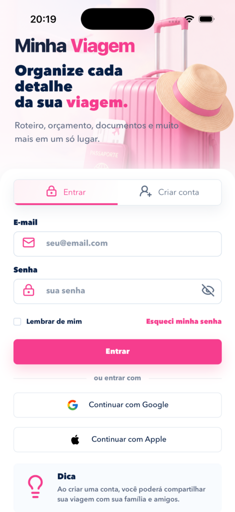 Tela de entrada do aplicativo MinhaViagem