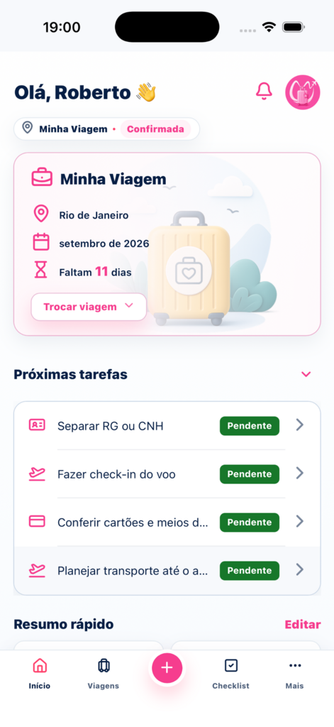 Tela inicial do MinhaViagem